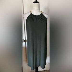 Michael Kors Olive Green Sheath Dress Gold Chain Collar Racerback Midi Cocktail